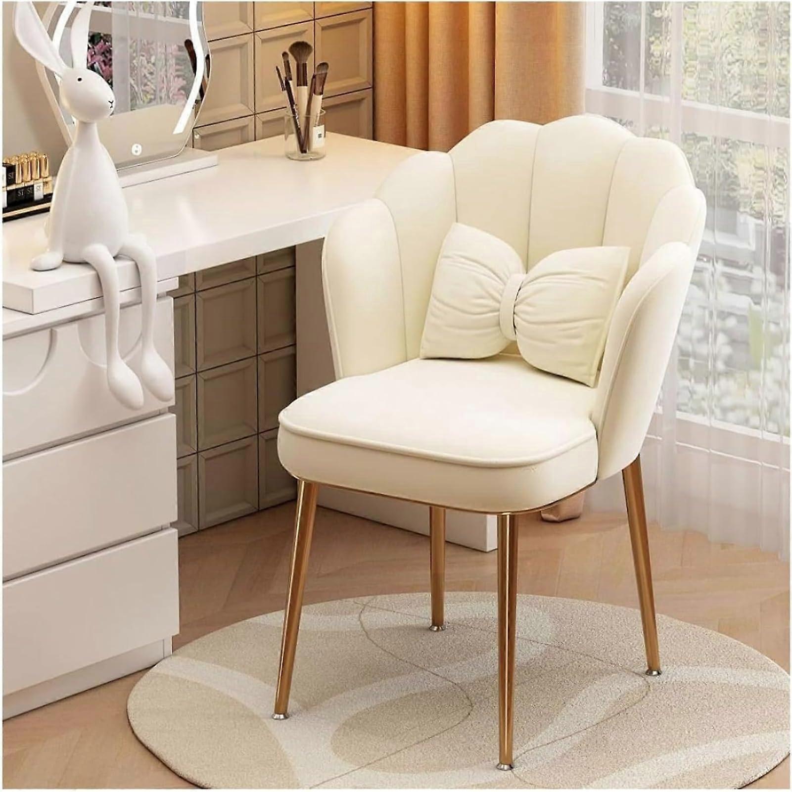 Makeup Chair Velvet Shell-Shaped, White Upholstered, Petal Metal Feet, Multi-Use Chair for Living Room Bedroom Office