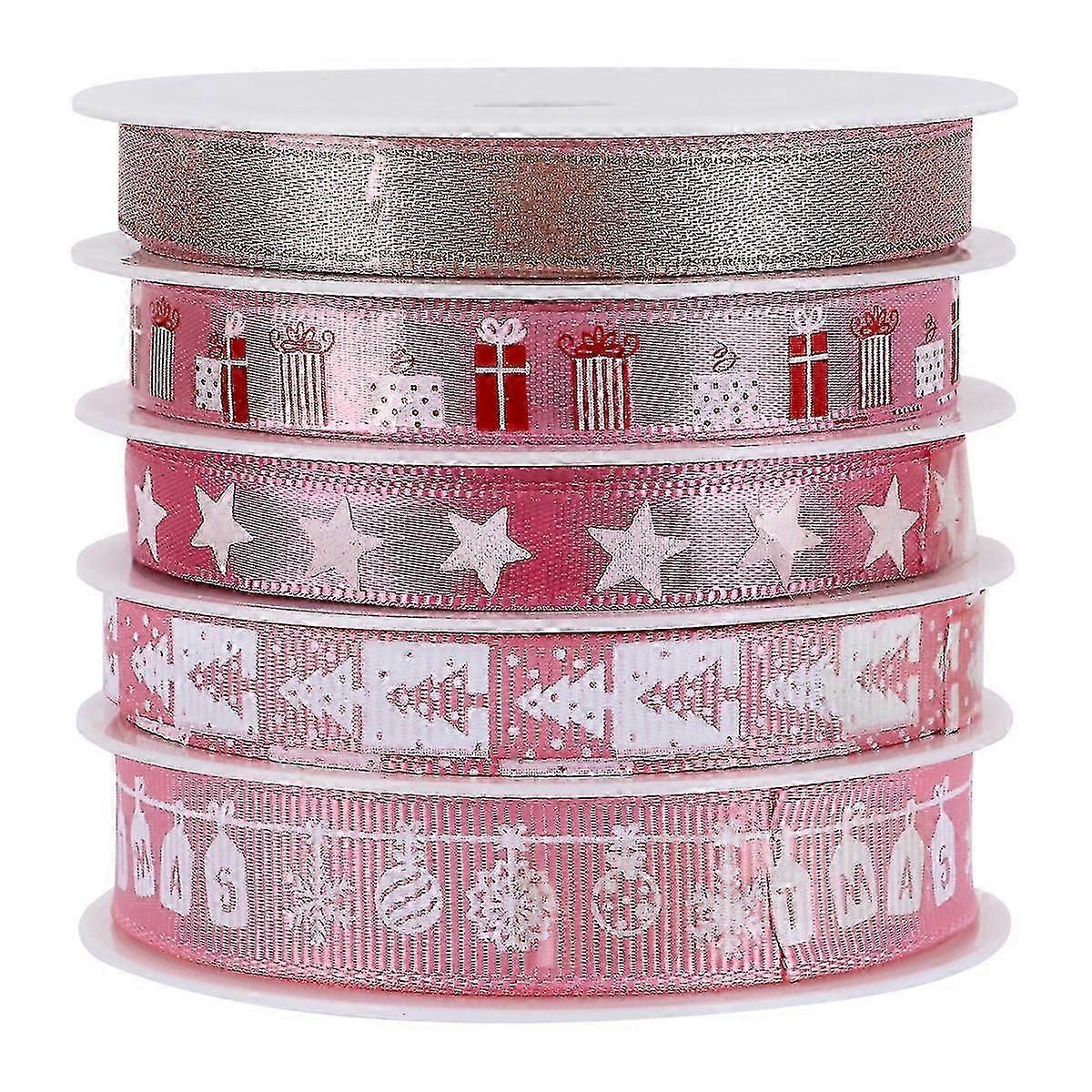 5 Rolls of 25m Length Christmas Printed Ribbon Holiday Gift Decorative Band Ribbon for Wrapping DIY Crafts(Pink)