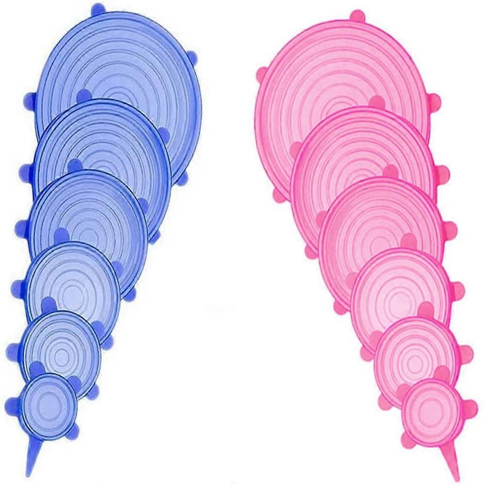 Silicone Stretch Lids 12Piece Set Reusable Food Storage Covers Flexible To Fit Container Shapes 6 Sizes Blue And Pink