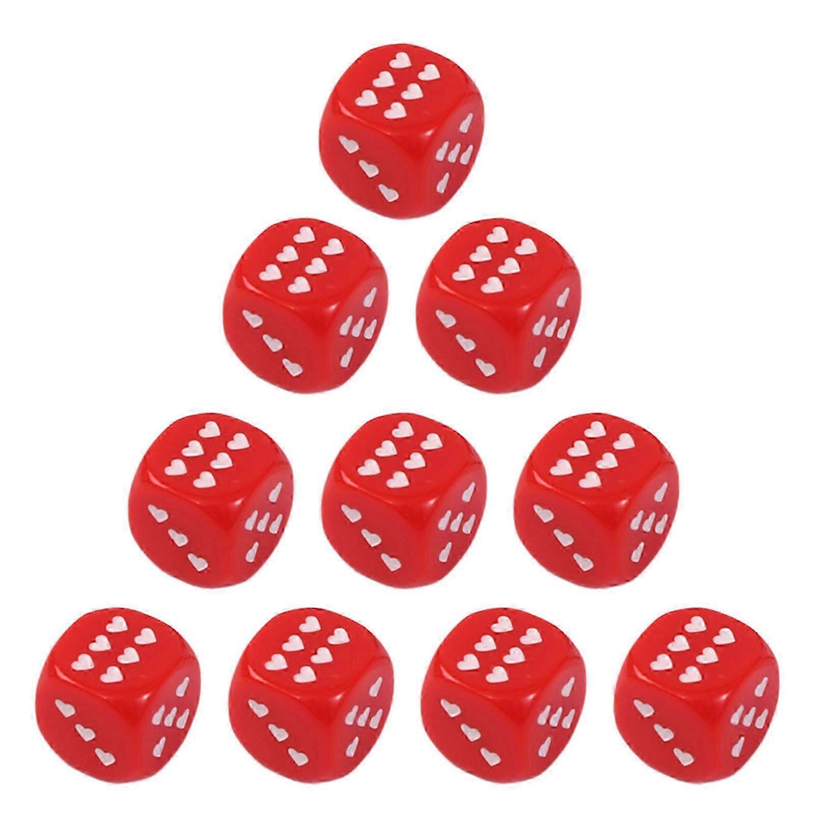 Pack of 10 White 25mm Acrylic 6-Sided Dice with Rounded Corners & Heart Dots