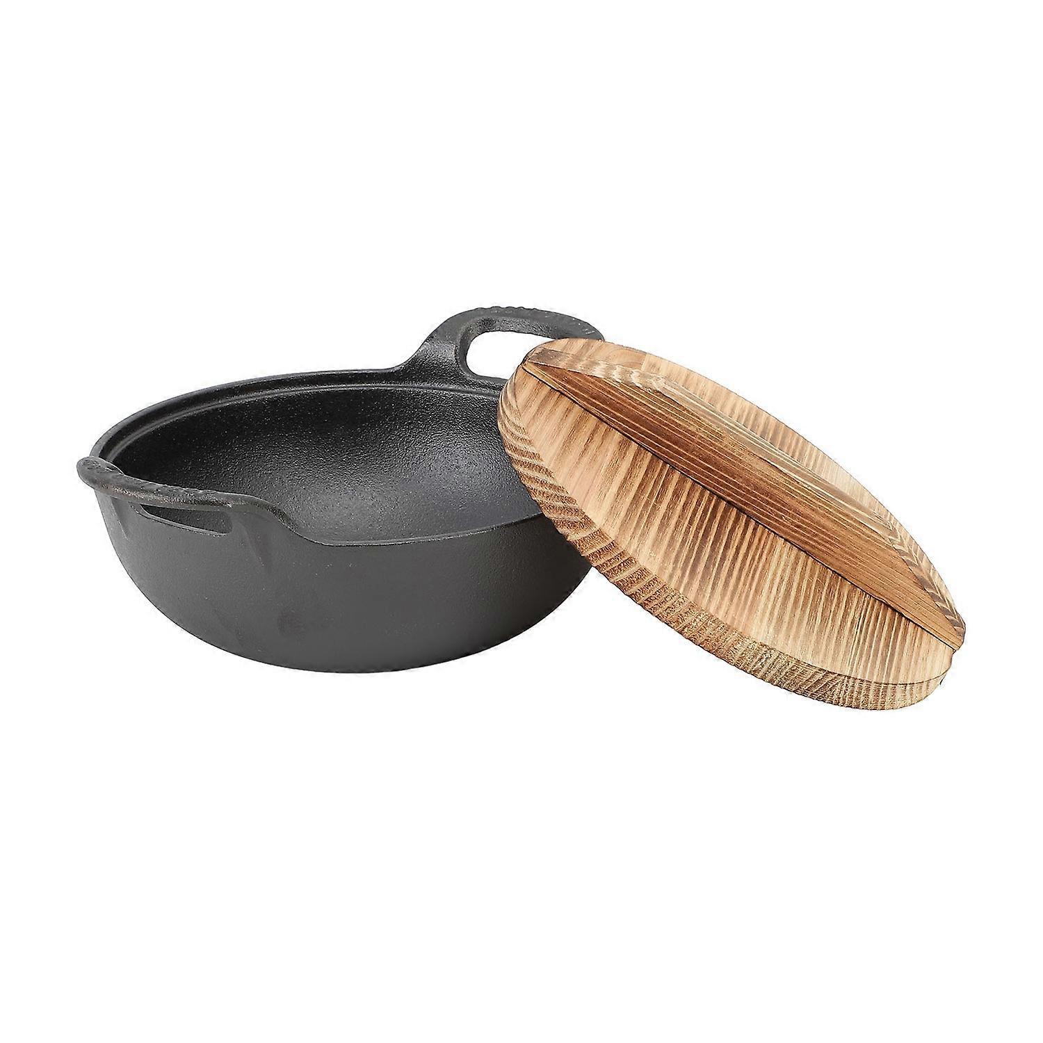 Cast Iron Wok with 2 Handle Wooden Lid Frying Pan with Flat Base Uncoated for Stir Fry Grill Steam A