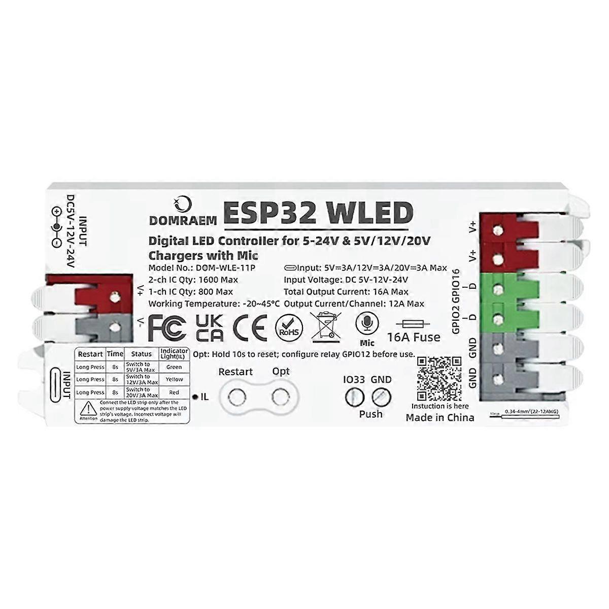 ESP32 WLED Controller with Mic Dual 5-24V DC Input, 16A Fuse for WS2811 WS2812B WS2805 SK6812 APA1