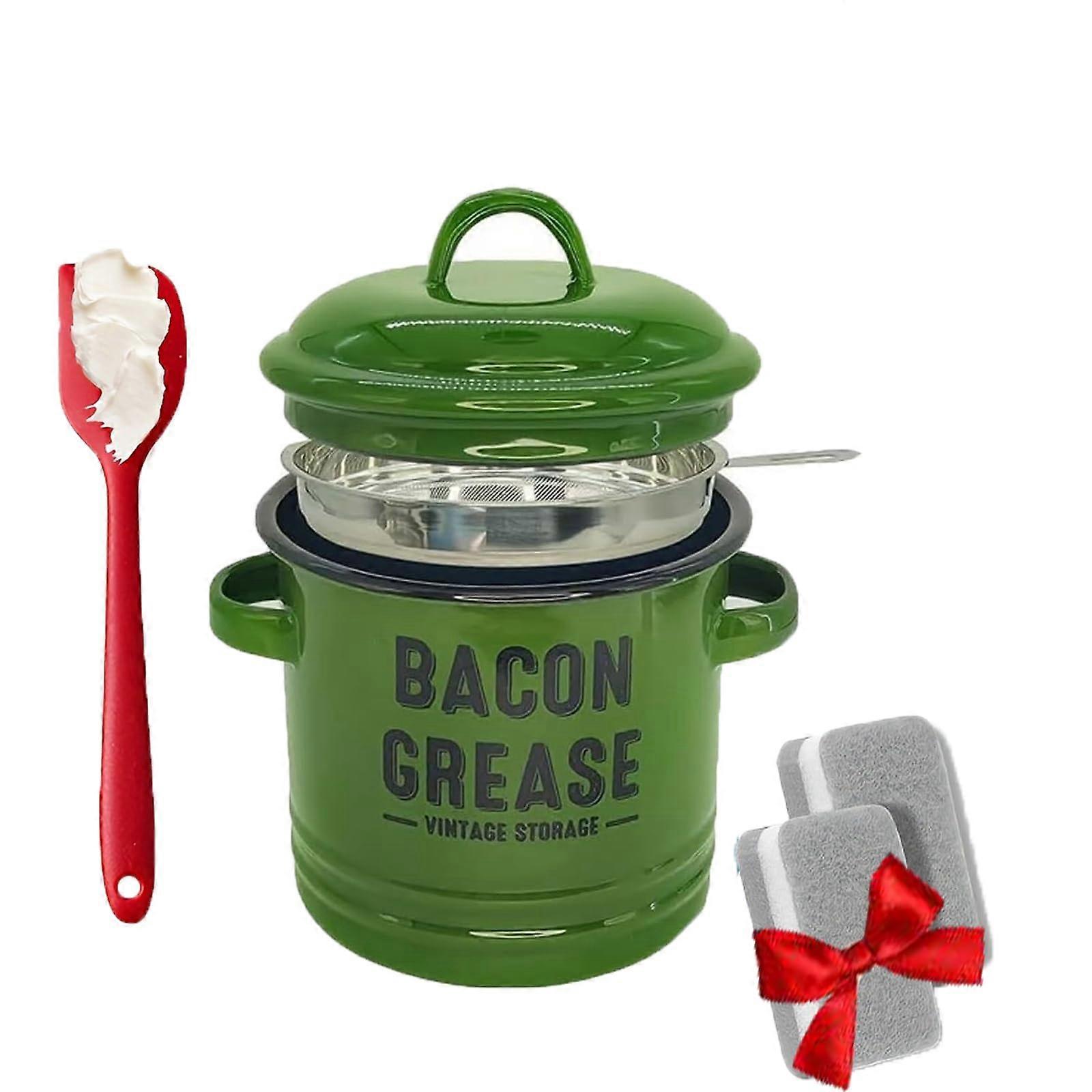 Bacon Grease Container with Fine Mesh Strainer, 46oz Ceramic HeatSafe Storage Jar with Lid and Spatula, Green