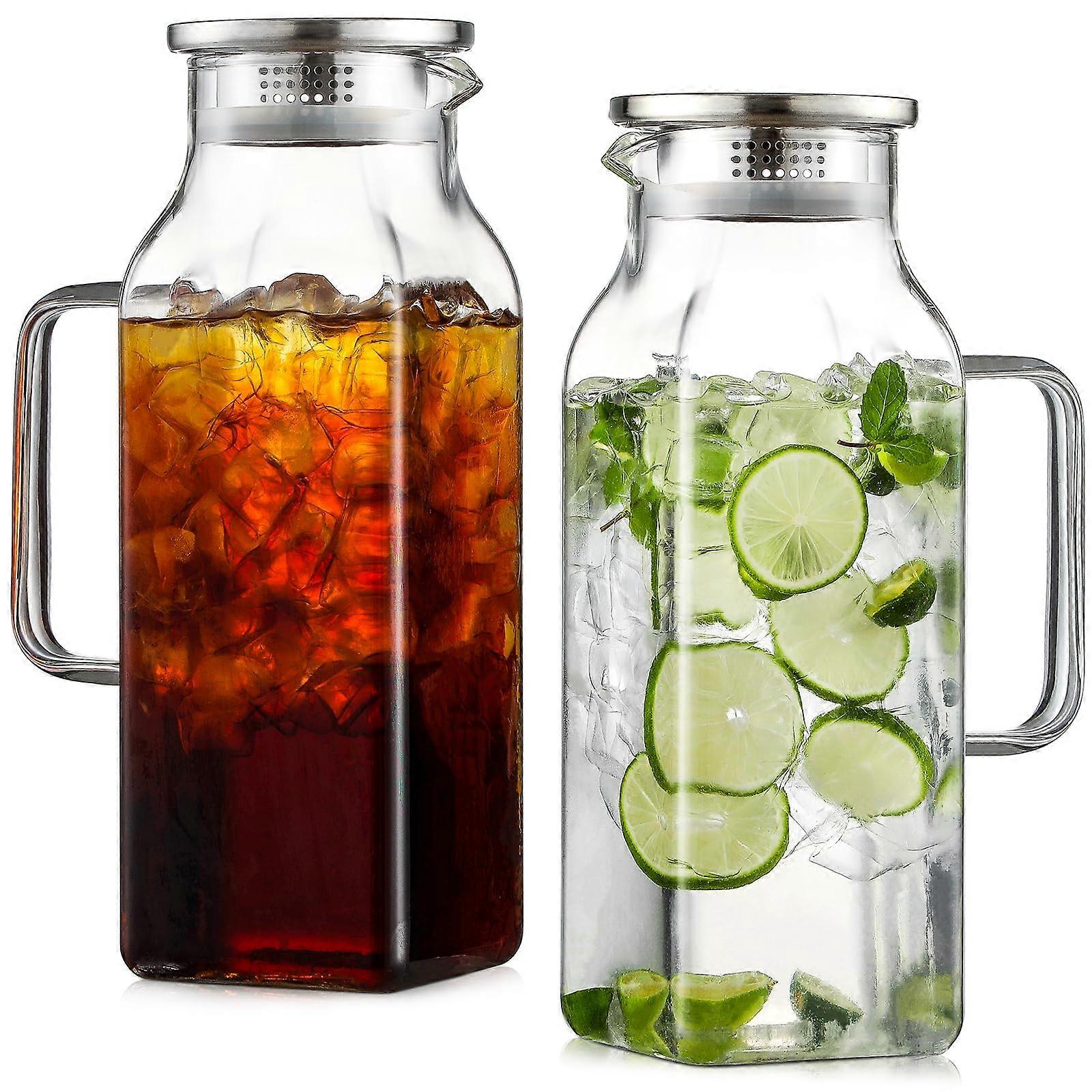 2 Pack 68oz Square Glass Pitcher with Lid, Heat Resistant Borosilicate Water Jug for Hot and Cold Drinks