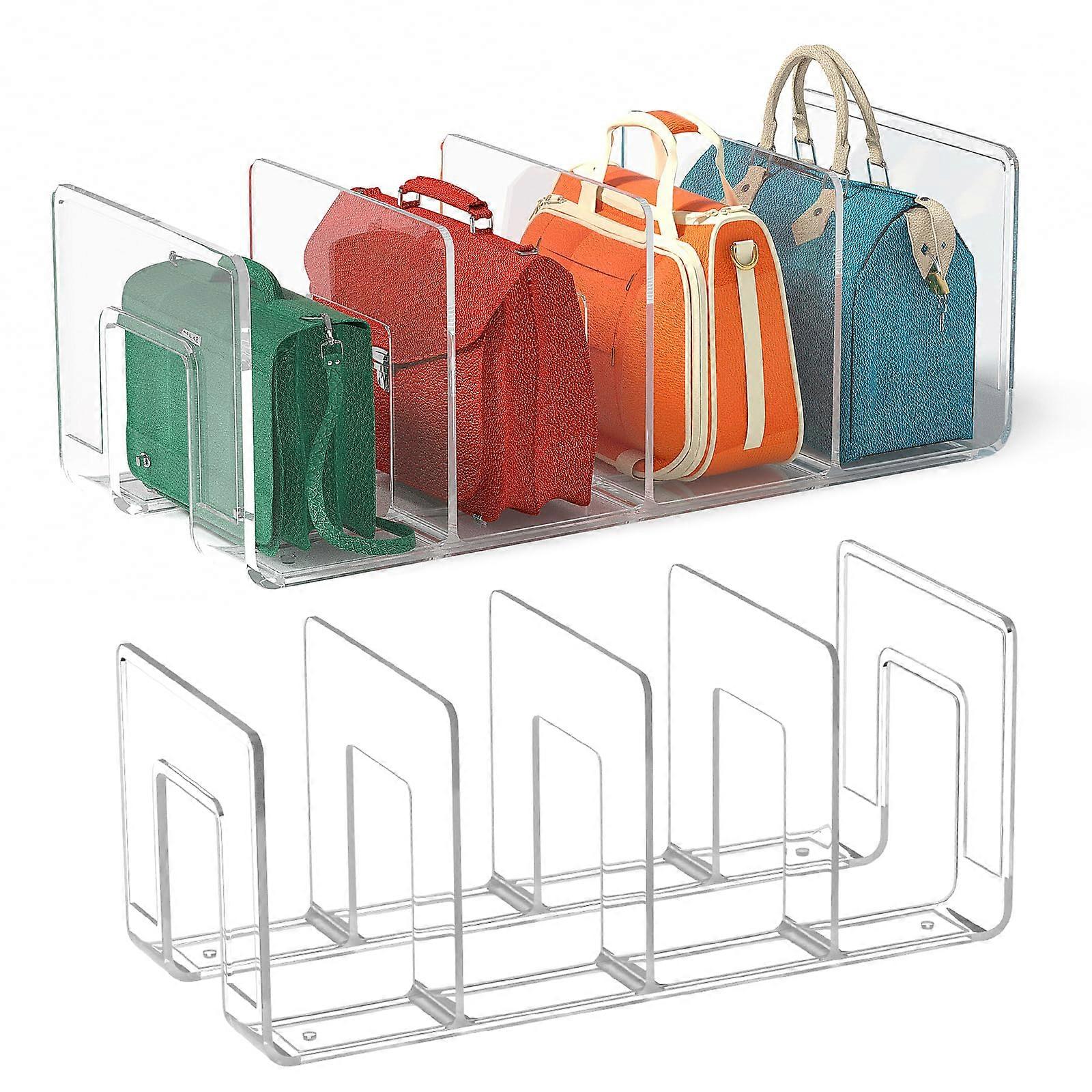 2pcs Clear Plastic Adjustable Purse Organizer with 4 Sections for Closet Shelf Handbag Storage
