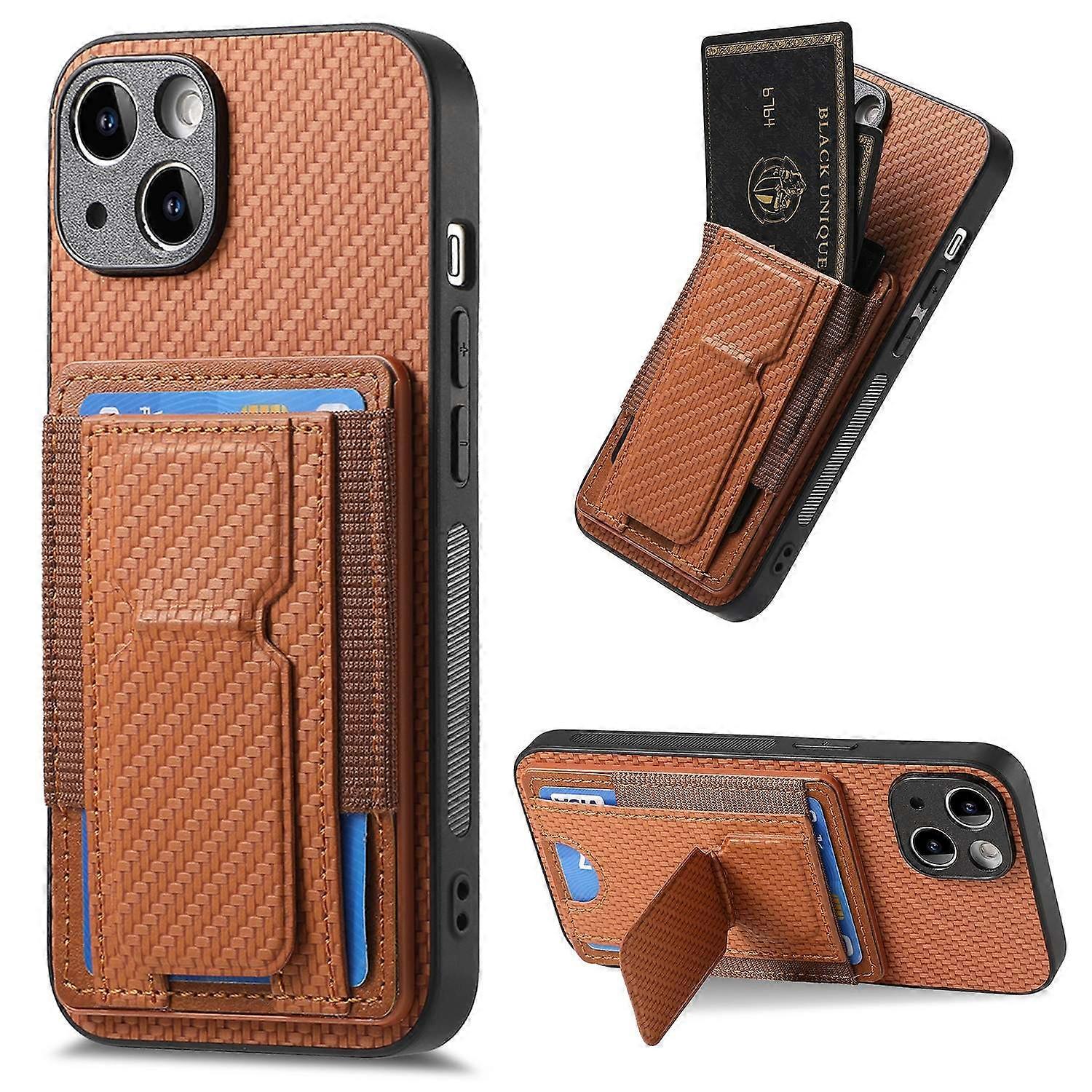 Case For Iphone 13 Pro Max Brown Carbon Fiber Pattern Upper And Lower Opening Bracket Card Insertion No14287