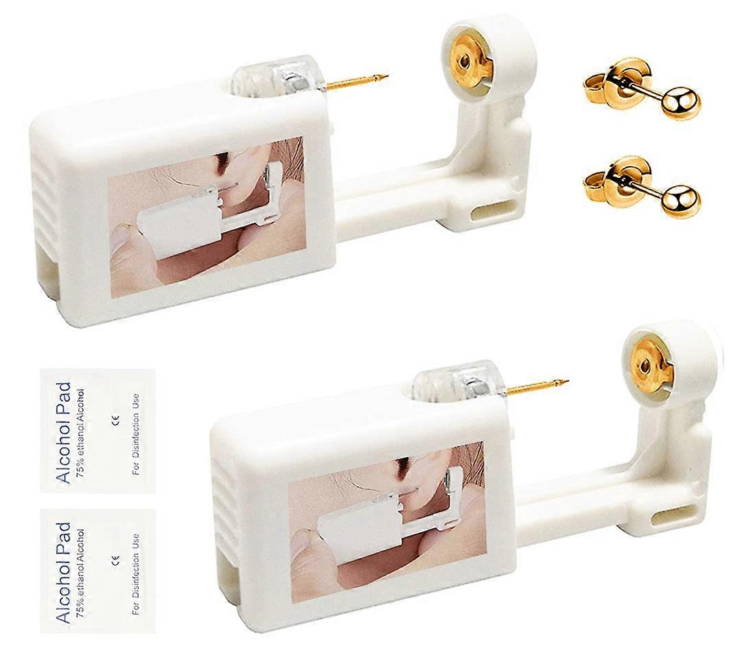 2 Pack Disposable Self Ear Piercing Kit with Sterile Golden CZ Studs, Preloaded Piercing Gun