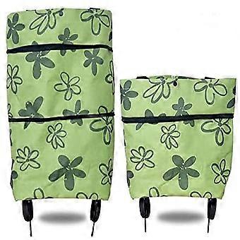 2 in 1 Foldable Shopping Cart with Wheels, Large Capacity Rolling Trolley Bag for Grocery and Picnic, Green