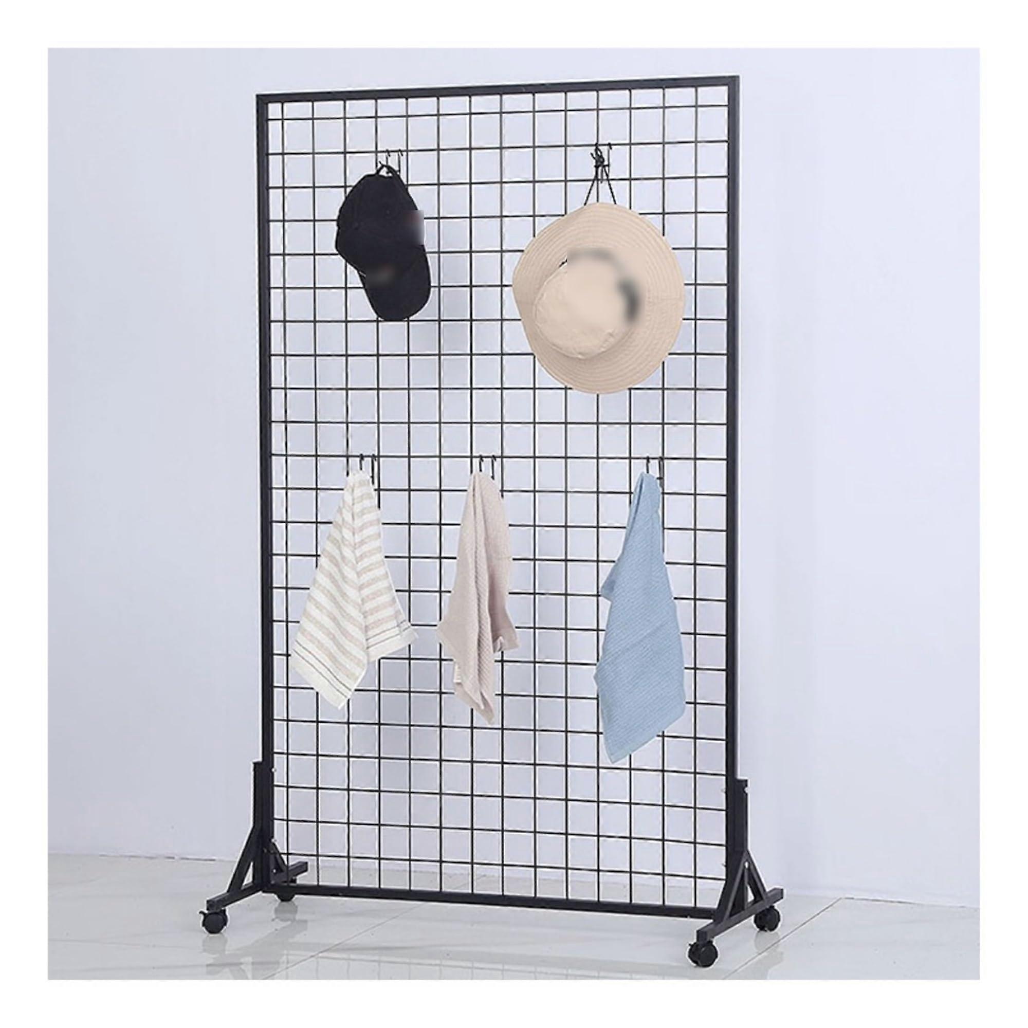 Gridwall Panel Display Rack with 30 Hooks, Heavy Duty Wire Grid Tower, Lockable Wheels, Black