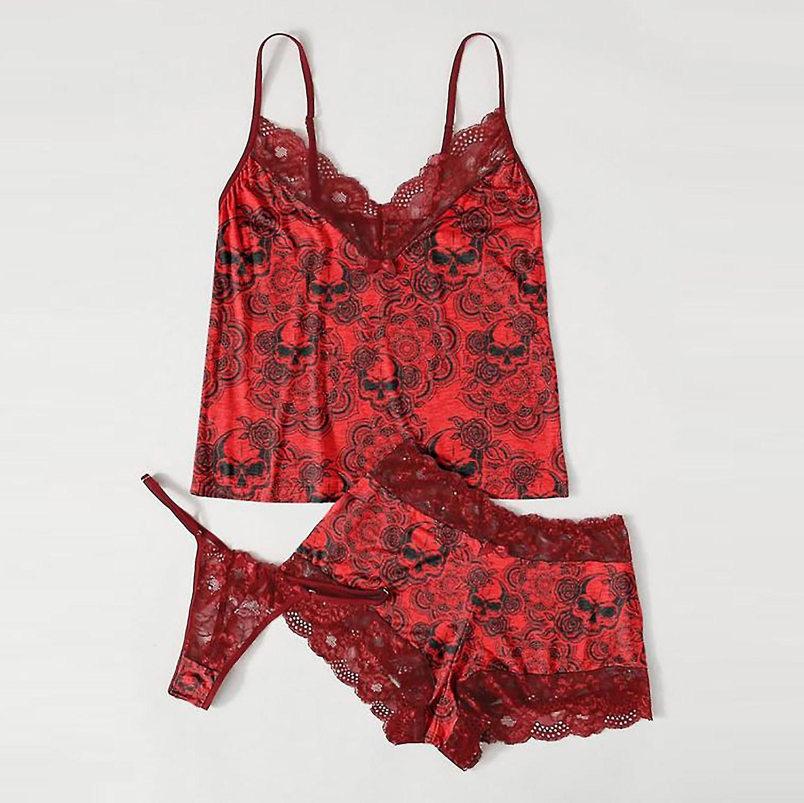 Kvinnor Utsökt Spets Underkläder Bra + short +briefs Set Skull Print Sleepwear