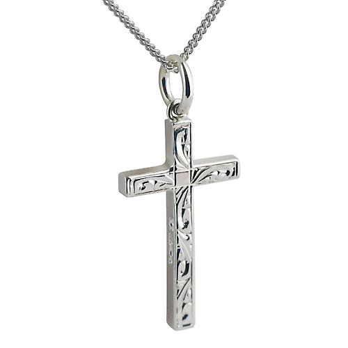 Silver 25x15mm hand engraved solid block Cross with a curb Chain 24 inches