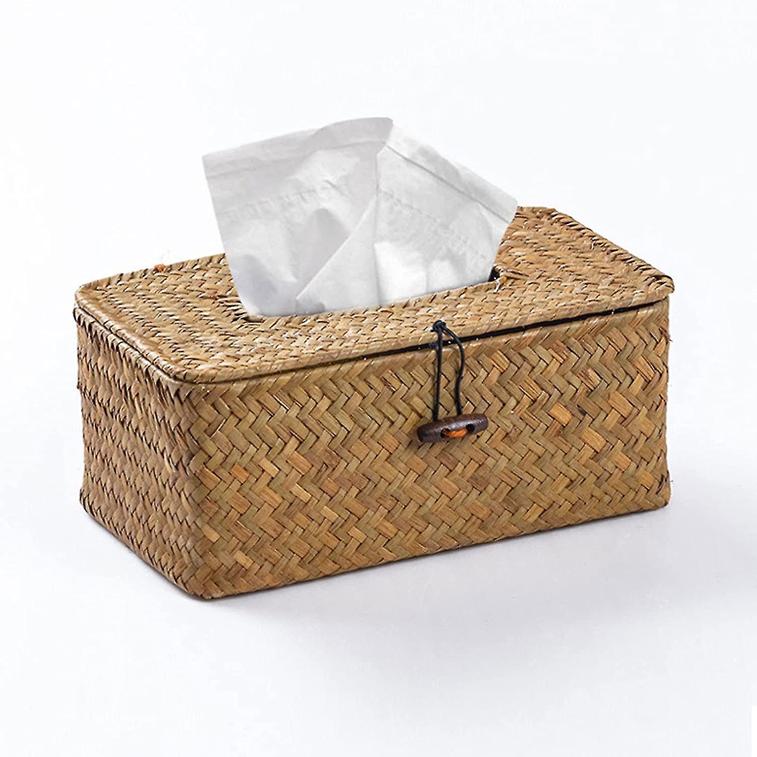 Handmade Natural Bamboo Rectangular Tissue Box, Straw Woven Rattan Tissue Dispenser