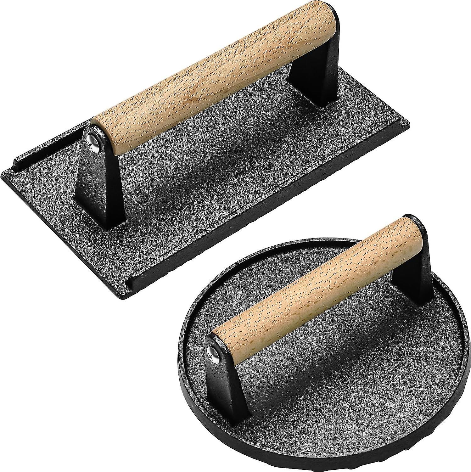 Burger Press Set of 2, Bacon Press Burger Smasher for Griddle, 7 Round Grill Press & 8 X 4.2 Rectangle Hamburger Press with Wood Handle, Heavy-Duty Ca