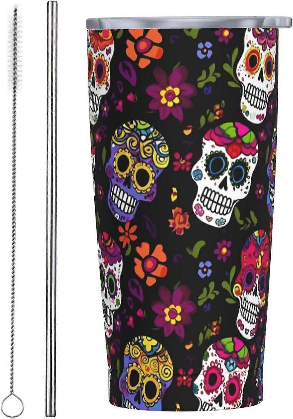 جماجم 20 أوقية بهلوان مع أغطية وقش زهور الفولاذ المقاوم للصدأ فراغ القدح القهوة للسيارة المنزل مكتب السفر في الهواء الطلق