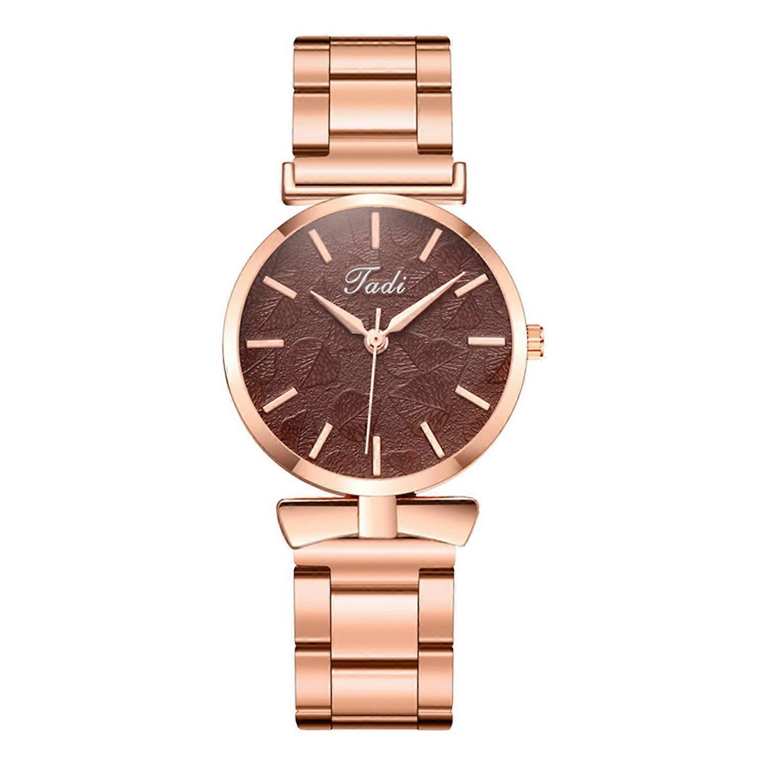 Women Quartz Watch Round Dial Leaf Mark Pattern Stainless Steel No Delay Time-checking High Accuracy