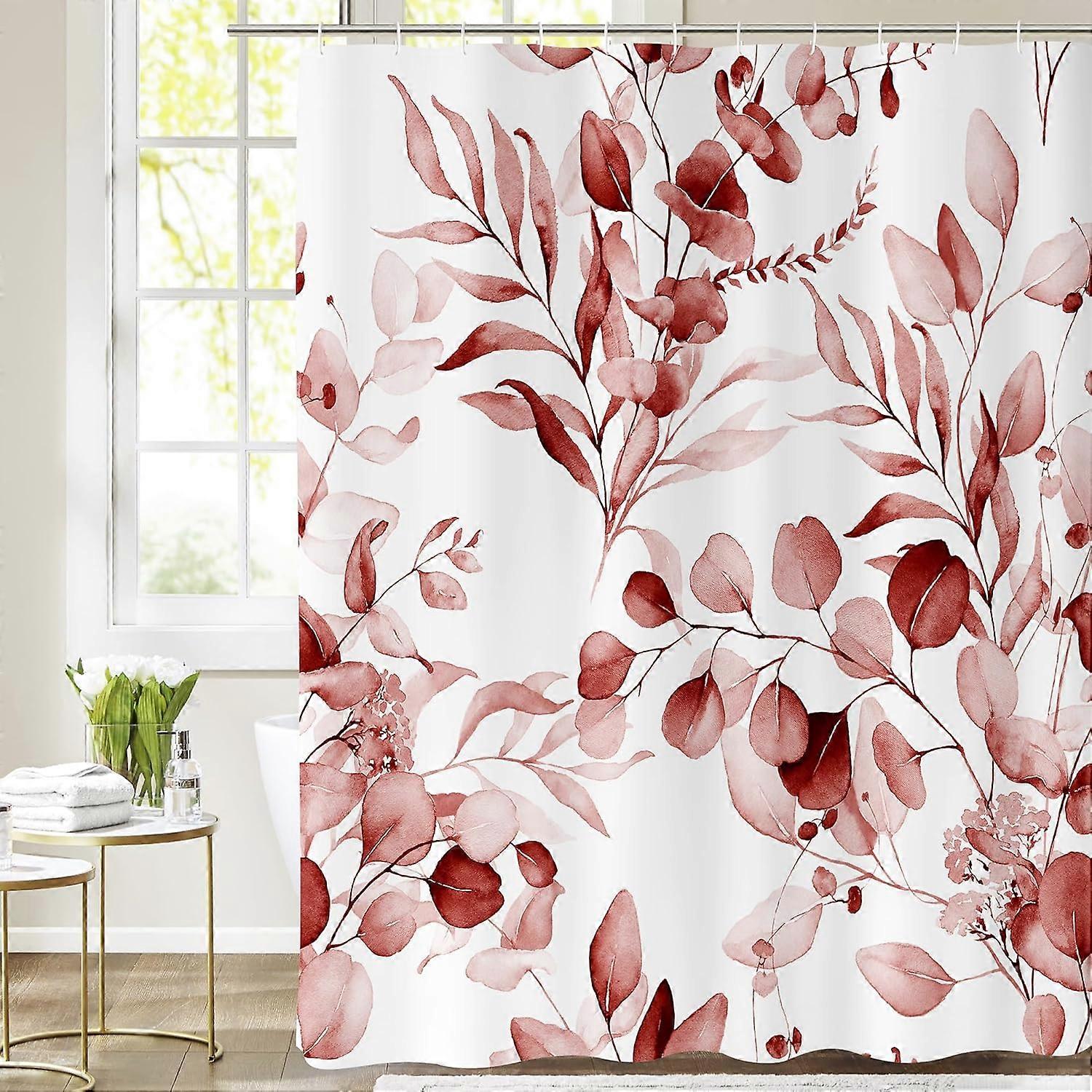 バスルーム用の長い赤い春の花のシャワーカーテン、モダンなユーカリ植物の葉のシャワーカーテンセットフック付き、シックな水彩花シャワーCurta