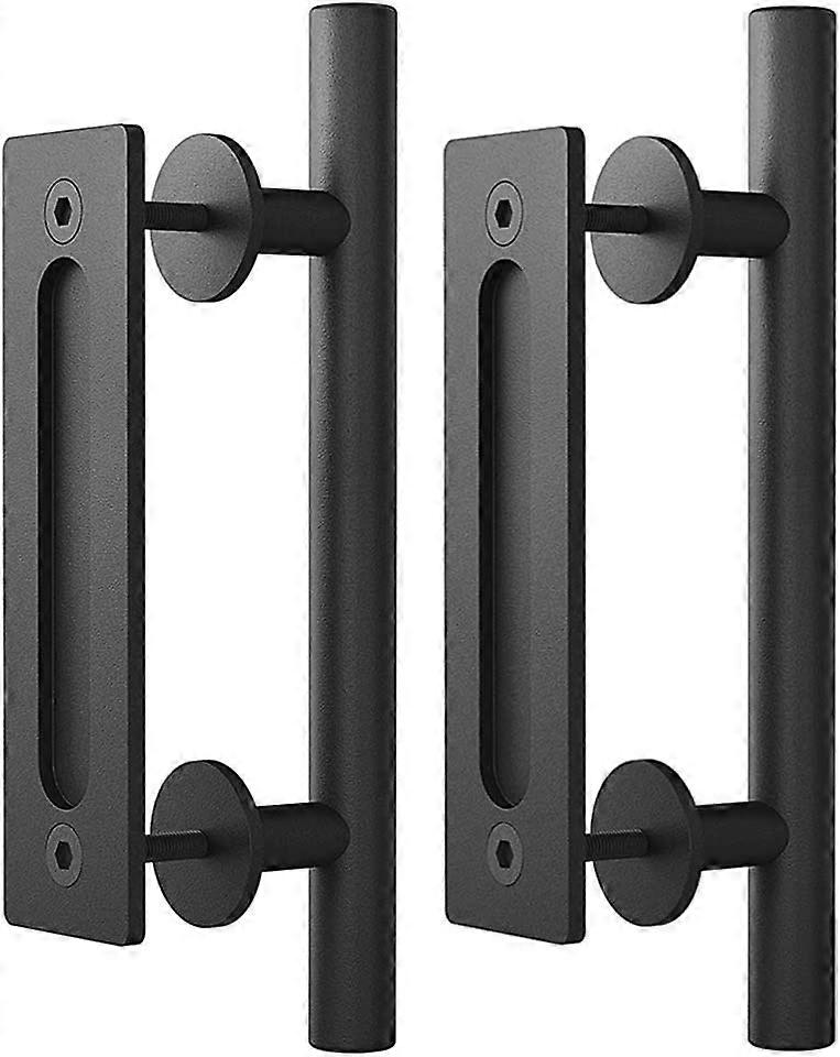 (2 Pack) 12" Sliding Barn Door Handle Pull and Flush Hardware Set, Flat Back-Plate Design, Rustic Black