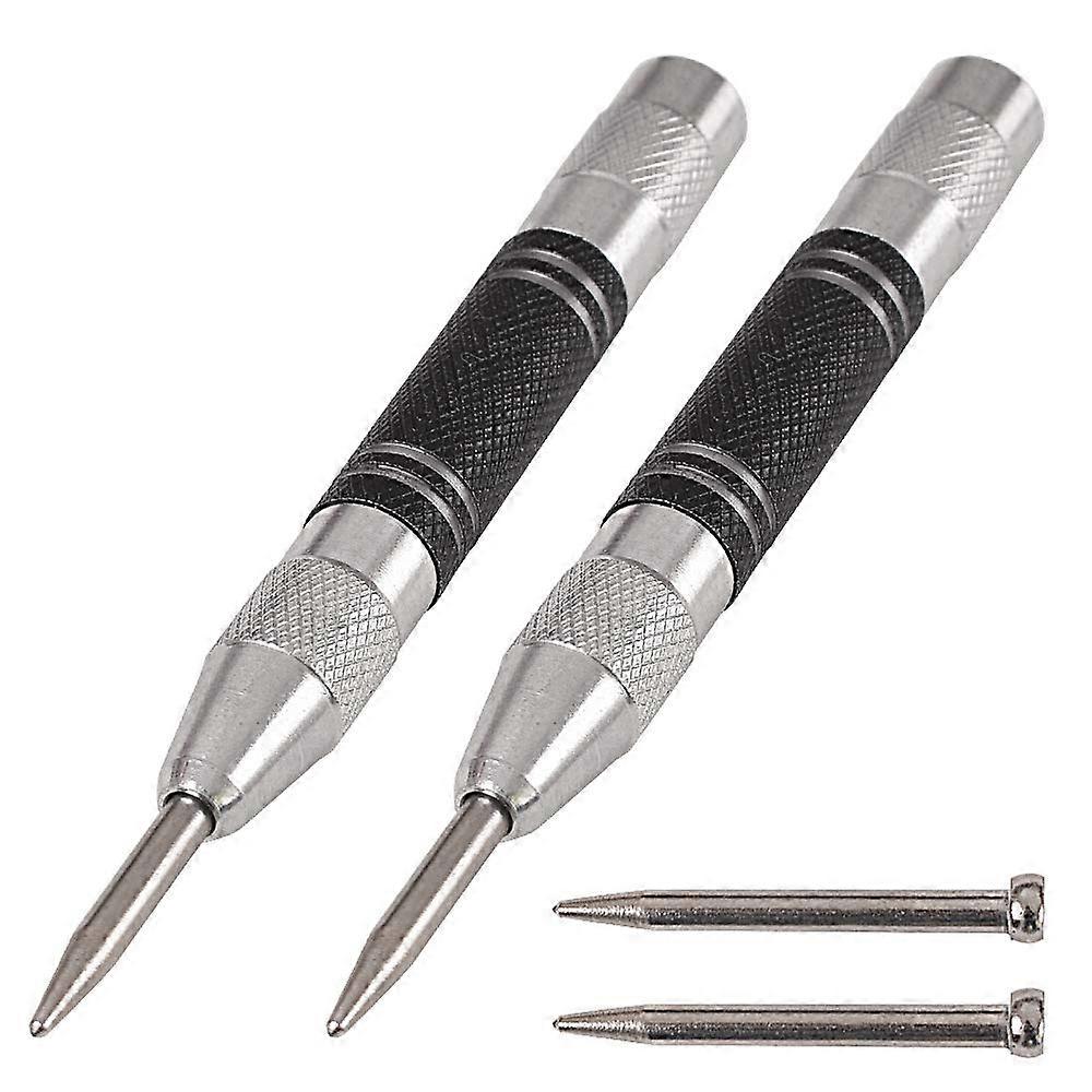 Pack 5 Inch Spring Loaded Automatic Center Punches, Adjustable Tension, with 2 Replacement Tips