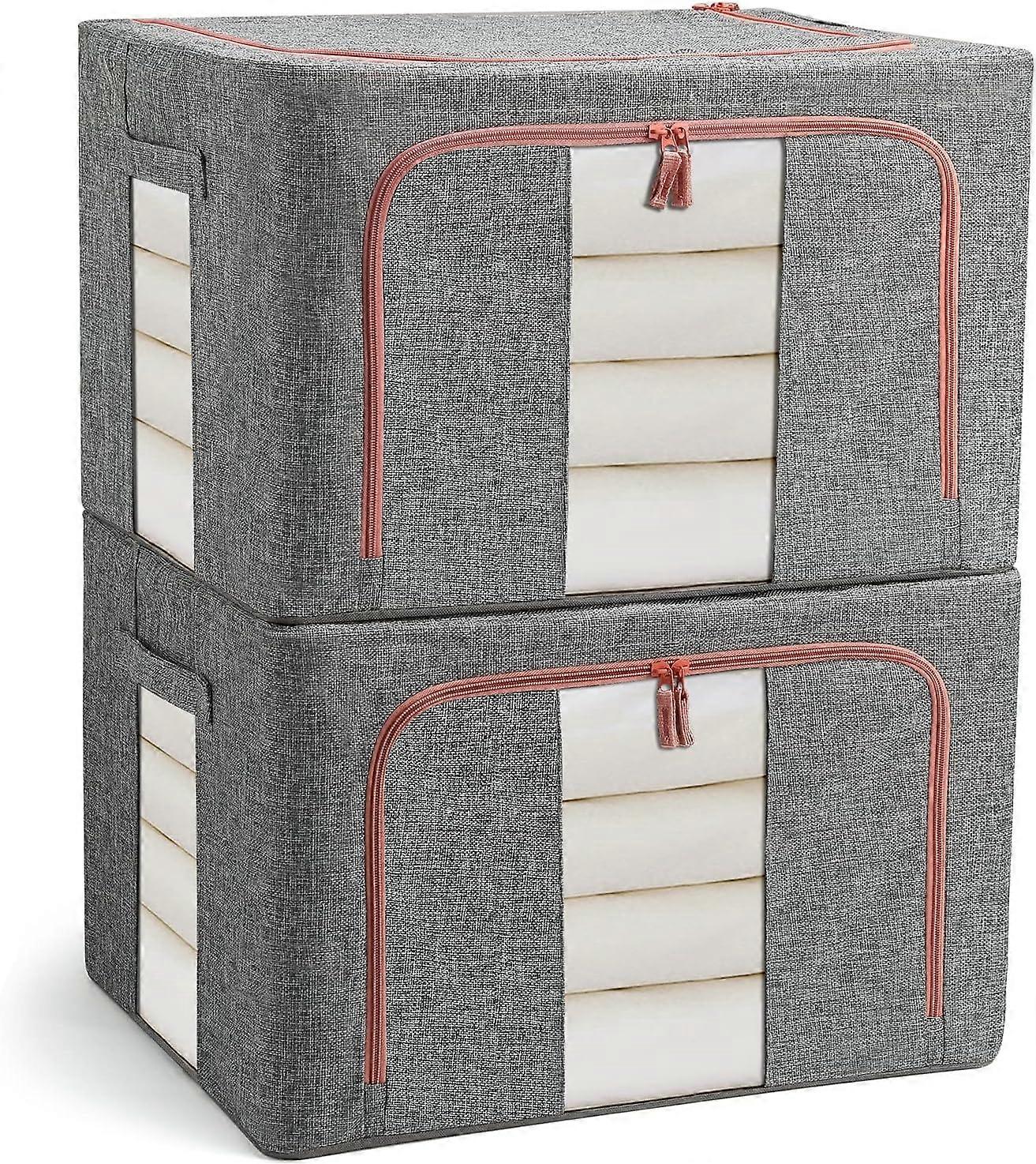 Clothes Storage Boxes 2 Pieces, Foldable Closet Organizer with Large Transparent Window and Carry Handles, Built-in Metal Support for