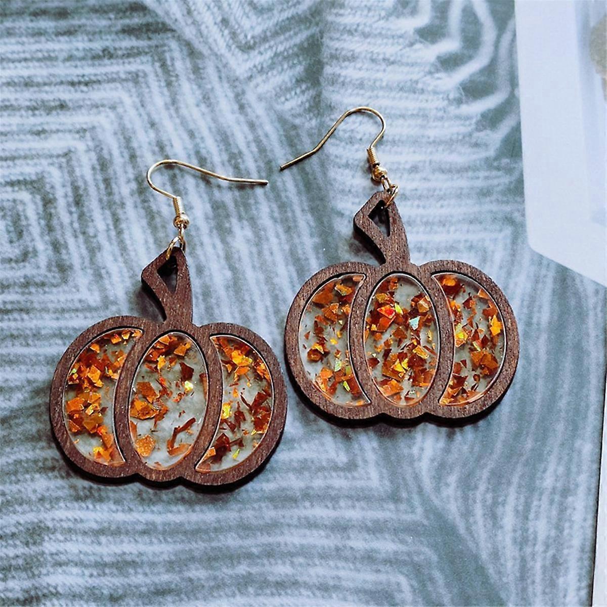 Autumn Thanksgiving Earrings Halloween Pumpkin Wood Inlay Acrylic Earrings Glitter Sequins Hollow F