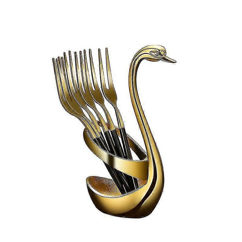 Swan Fruit Fork Cutlery Set With Swan Bottom Storage Rack With 6 Forks, Used For Cakes