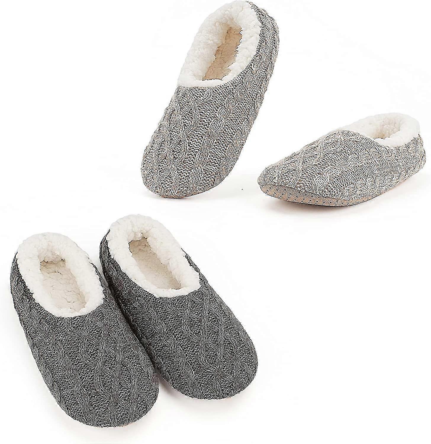 2-p Women's Soft Sole Slipper Socks With Grippers, Thick Warm Cozy Lined Home Socks Set, Cable Knitted Non-slip