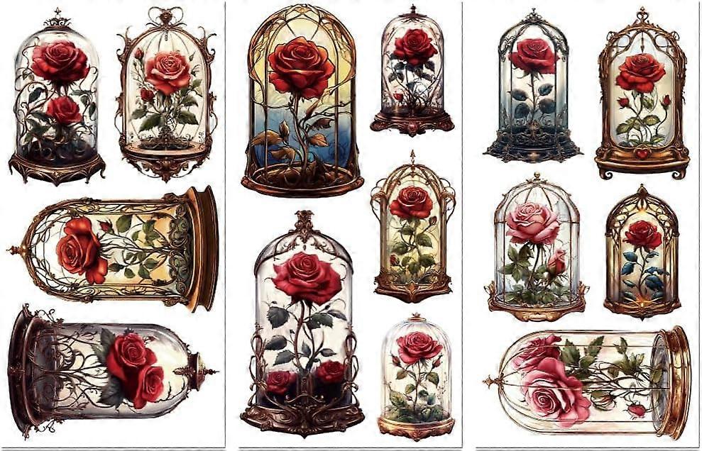 Reiben Sie auf Transfer Aufkleber für Möbel Handwerk Dekor 6 "x 12" Glas Rosen 3 Stücke wasserdichte UV DTF Transfer für Dessous Kommode Kommode Glas Porcela