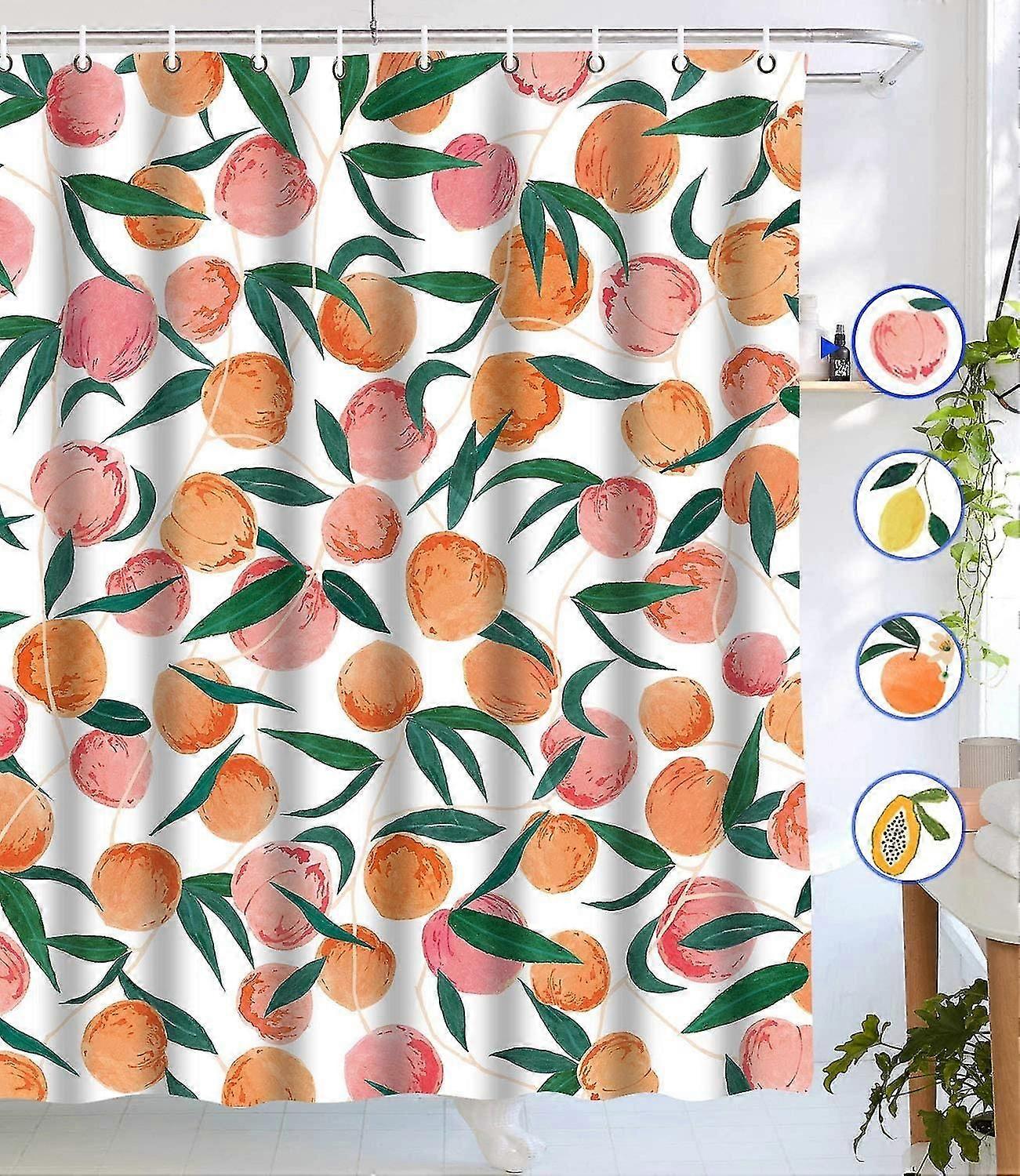 Peach Shower Curtains, Allover Fruits Shower Curtain Cute Bright Colorful Design Waterproof Fabric Bathroom Shower Curtain Set With 12 Hooks, Peachy P