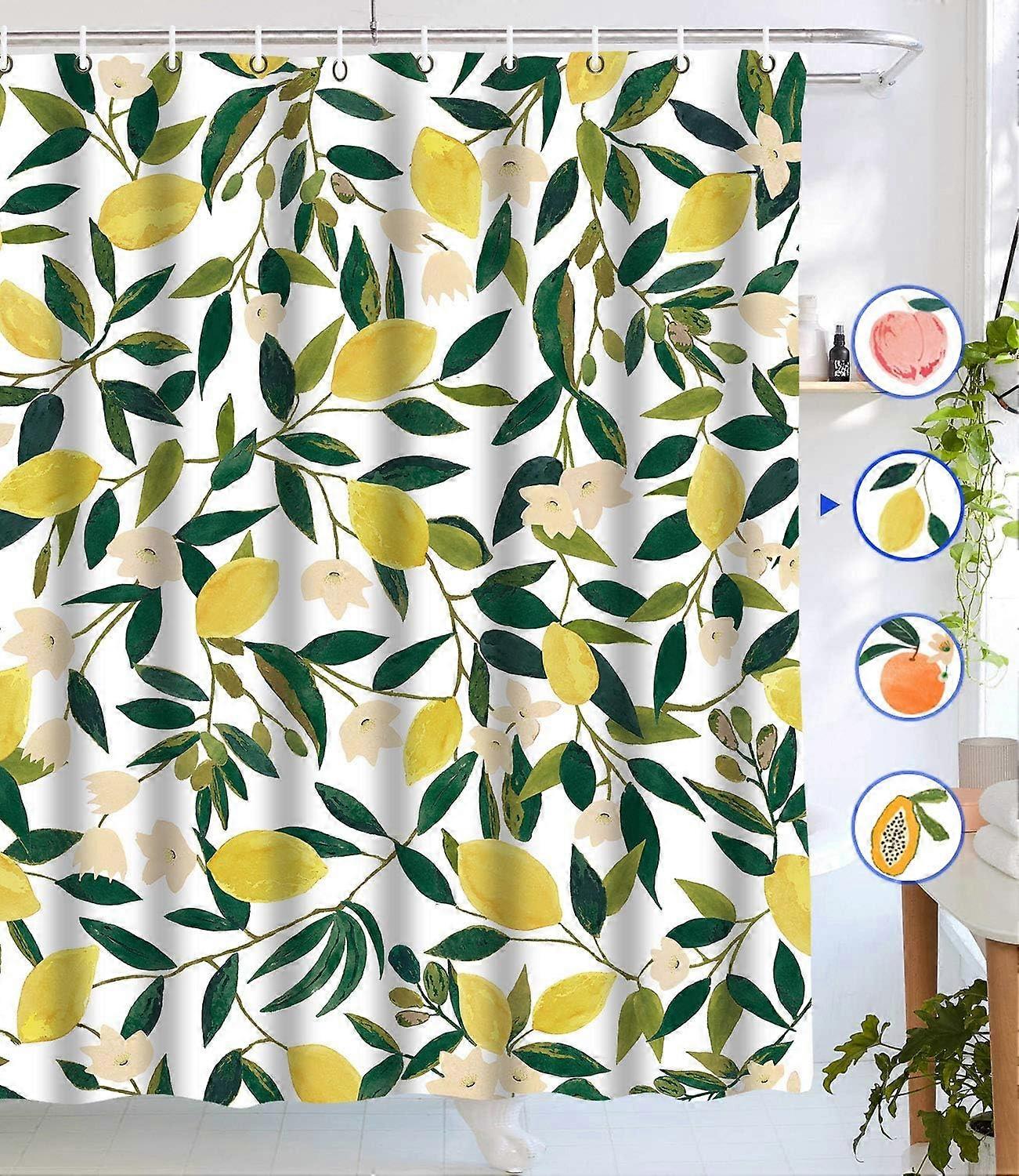 Lemon Shower Curtain, Leafy Plant Pattern Waterproof Fabric Bathroom Shower Curtain Set with 12 Hooks, Lime 72" x 72"