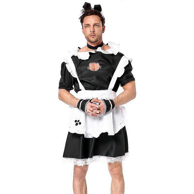 Black and White Cat Plus Size Stage Freaky Counterstage Performance Cat Paw Print Apron Mens Wearable Maid Costume