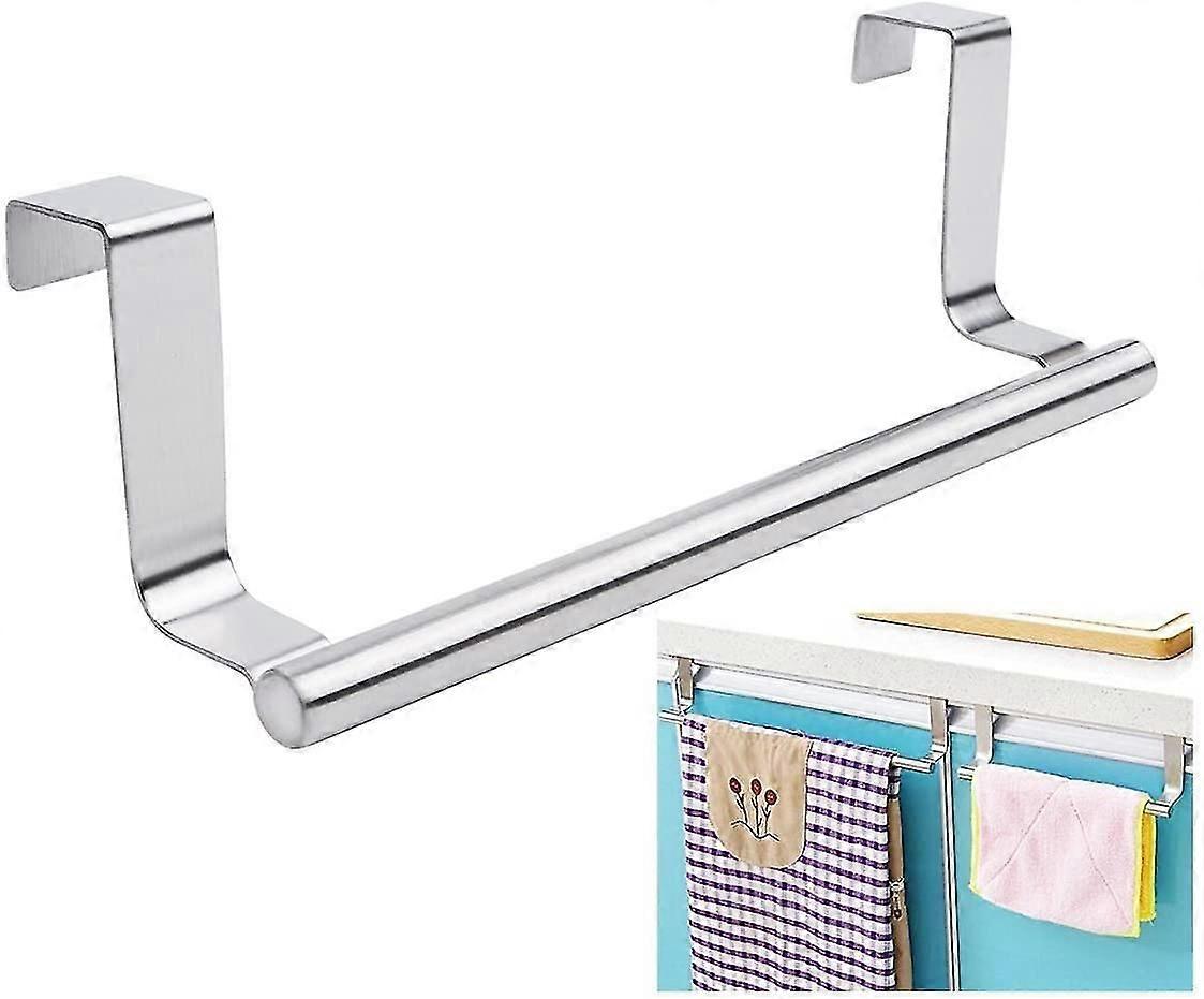 Dofover Modern Towel Bar With Hooks - 9 Inch Brushed Stainless Steel Over Cabinet Door Holder For Bathroom & Kitchen, No Drill Installation