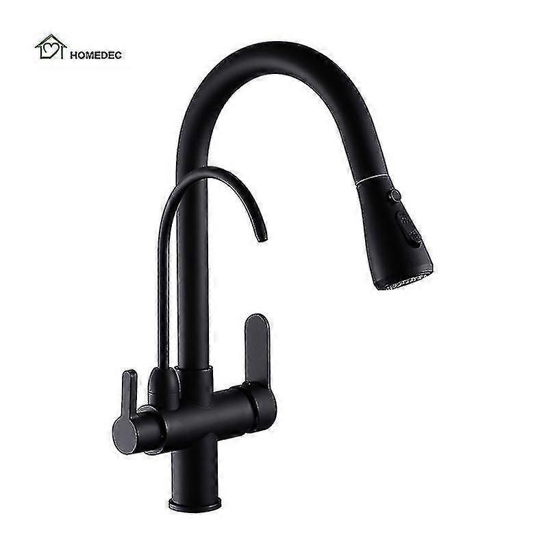 3 Way Modern Matt Black Chrome Drinking Brass Mixer Tap Filter Black Pull Out Kitchen Sink Faucets H