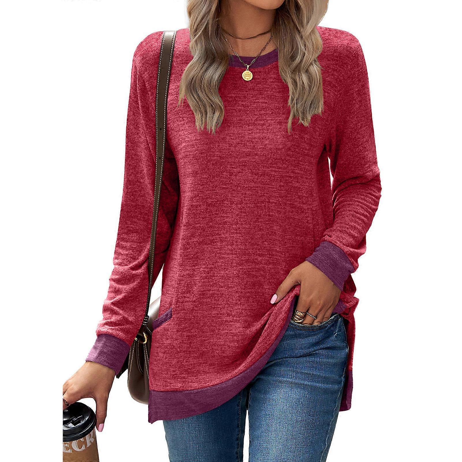 Womens Fall Long Sleeve Pullover Tunic Top T-Shirts Colorblock Crewneck Casual Loose Side Split Sweatshirts with Pockets Red XL