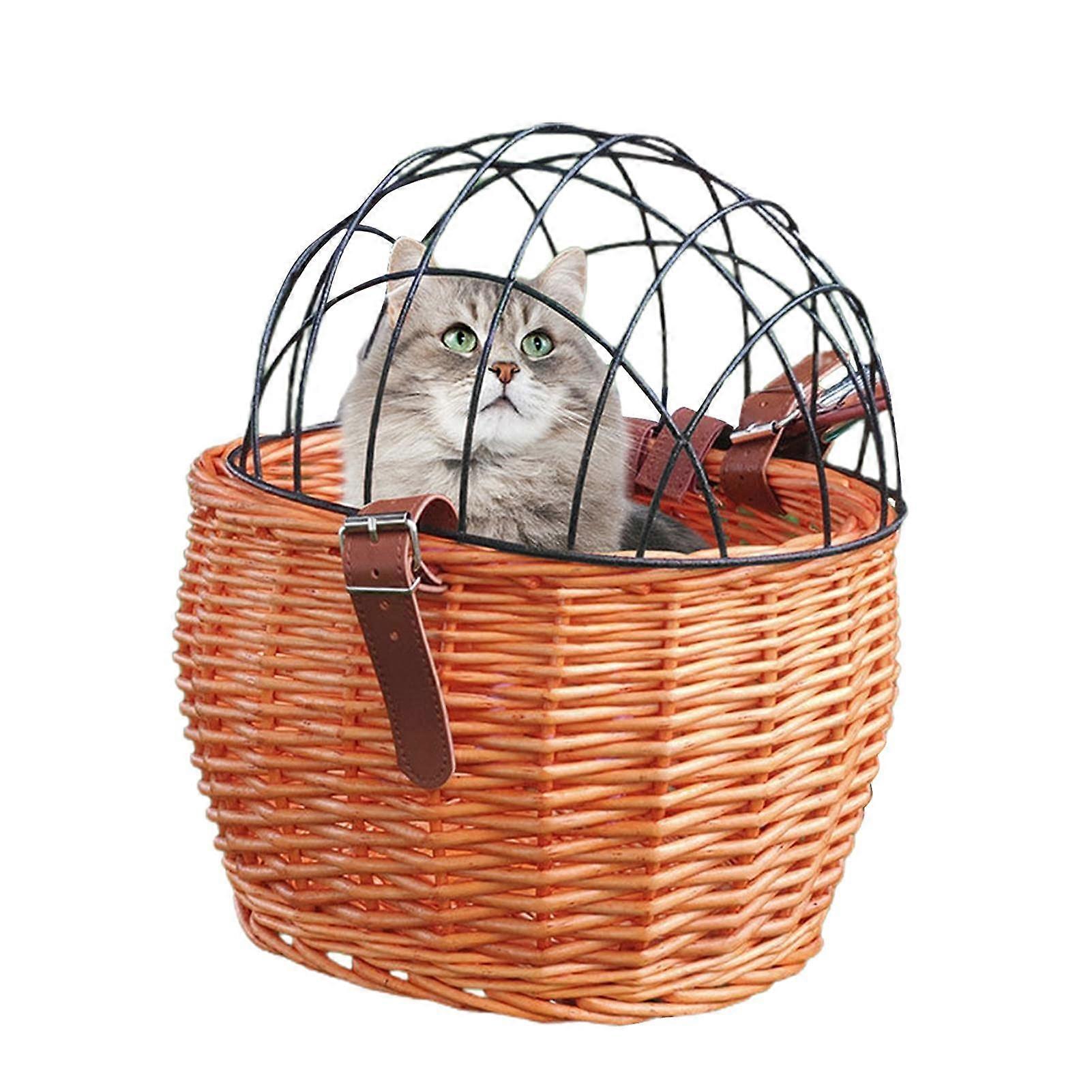 Wicker Basket for Small Dogs and Cats, Honey Color Pet Carrier with Mesh Cover, Front Mount Design, Lightweight and Durable