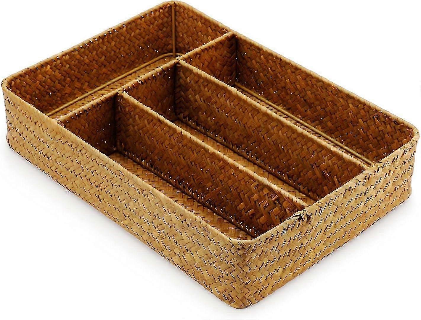 Storage Basket with Compartments Utensil Tray for Organization Silverware Flatware Rectangular Shelf Baskets with 4 SectionsNatural