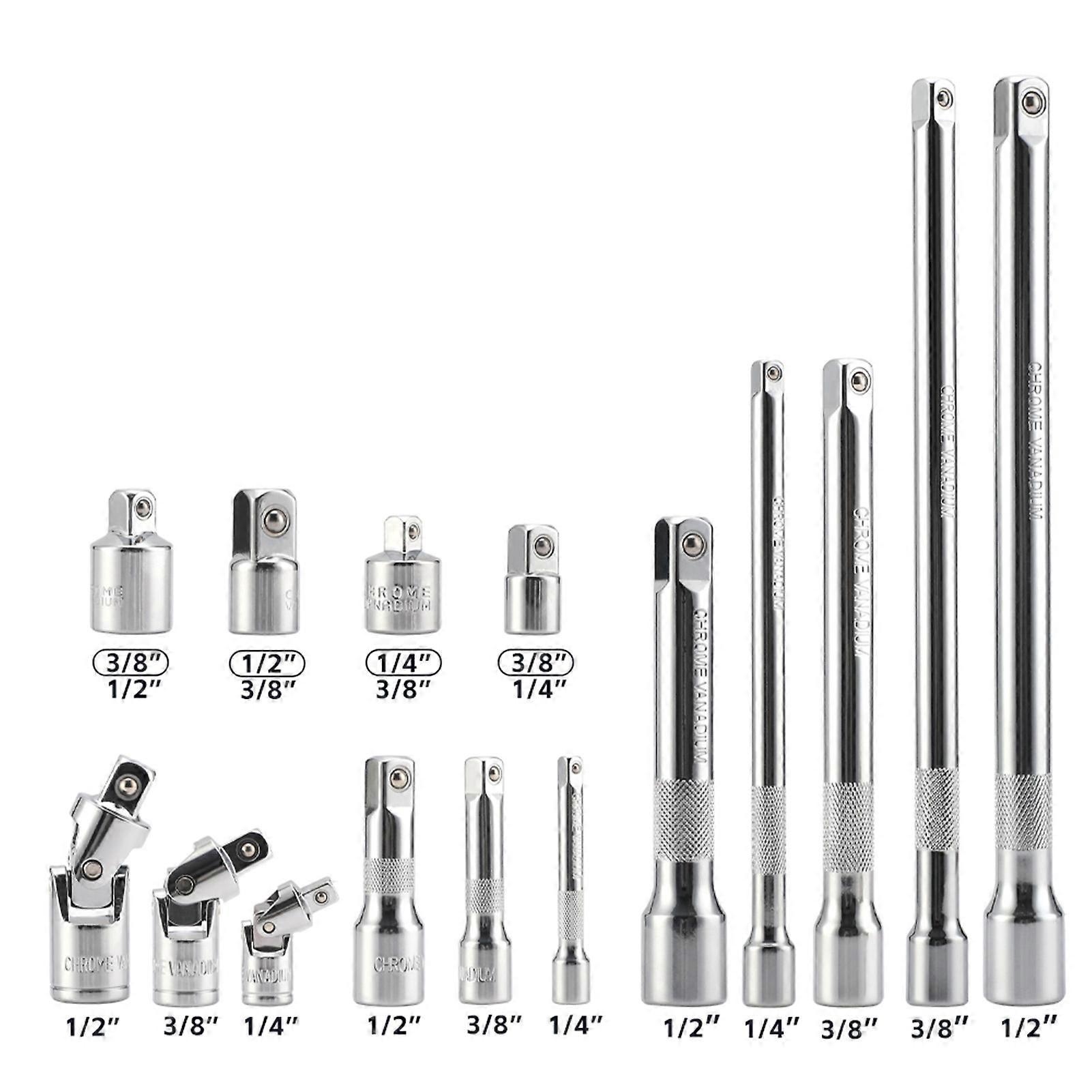 15-Piece Chrome Vanadium Socket Set, 1/4, 3/8, 1/2-Inch Silver