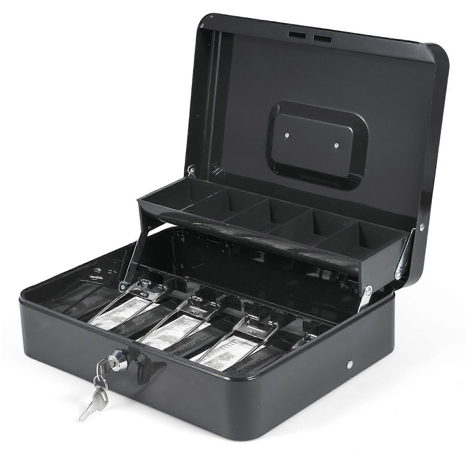 DTCY Cash Box Metal Money Box with 5 Coin Trays Cantilever Design & 4 Bill Slot with Spring Clips to Organize and 2 Keys Lock Safe Box