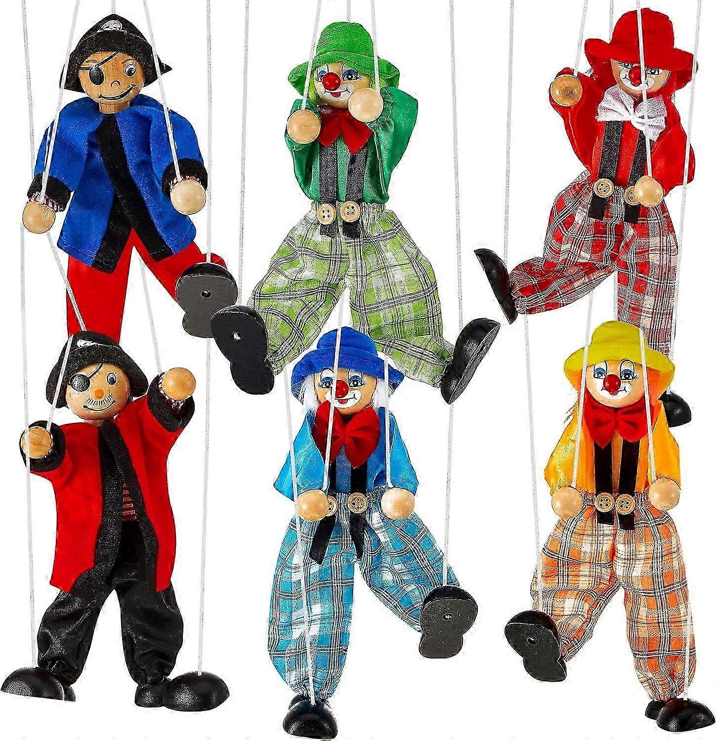 6 Pack Wooden Marionette Puppets Pull String Puppets, Include 4 Clown Marionette String Clown Doll And 2 Pirate Marionette Interactive Toy For Birthda