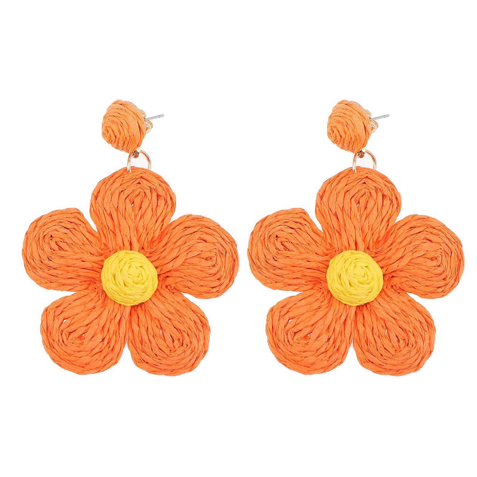 Here's a polished and engaging product description based on your input:
**Bright Color Raffia Weaving Flower Earrings – Perfect for Summer Beach