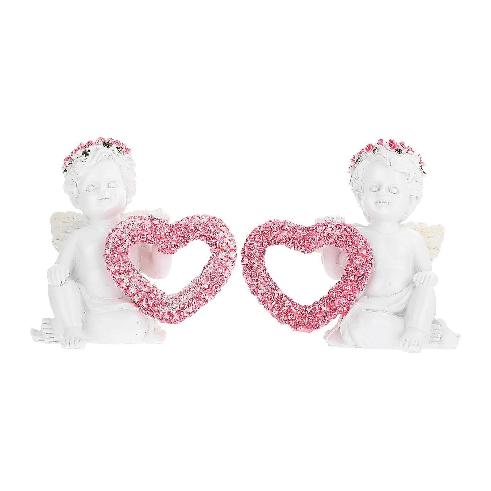 Baby Angel Statue in White Resin for Decor Use with Heart Design 2 Pcs 3.5 Inches