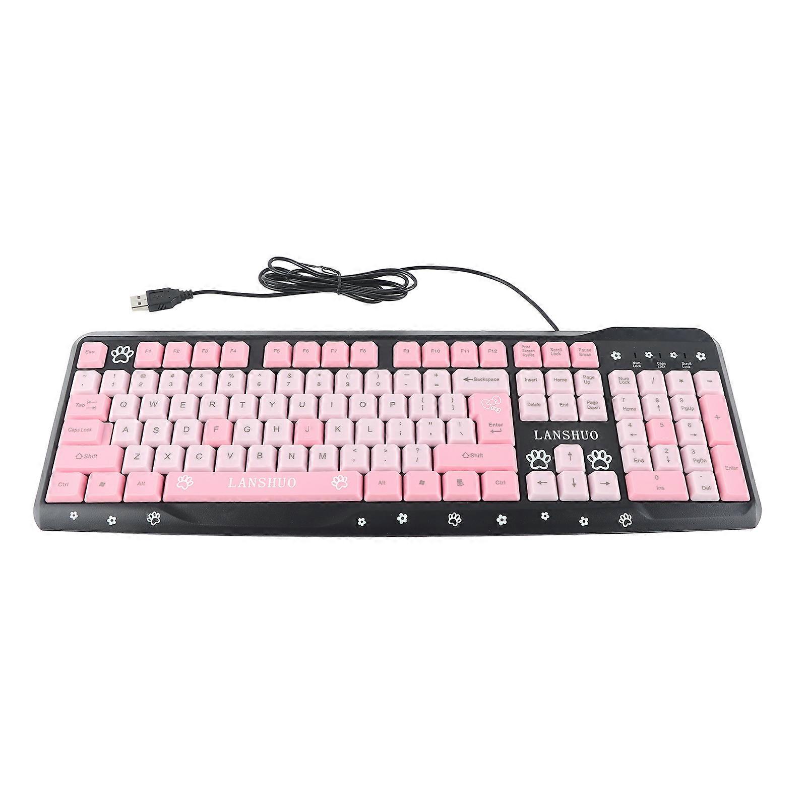 Cute Design Ultra-Thin Wired USB Keyboard for Laptop Desktop Home Universal (Black & Pink)