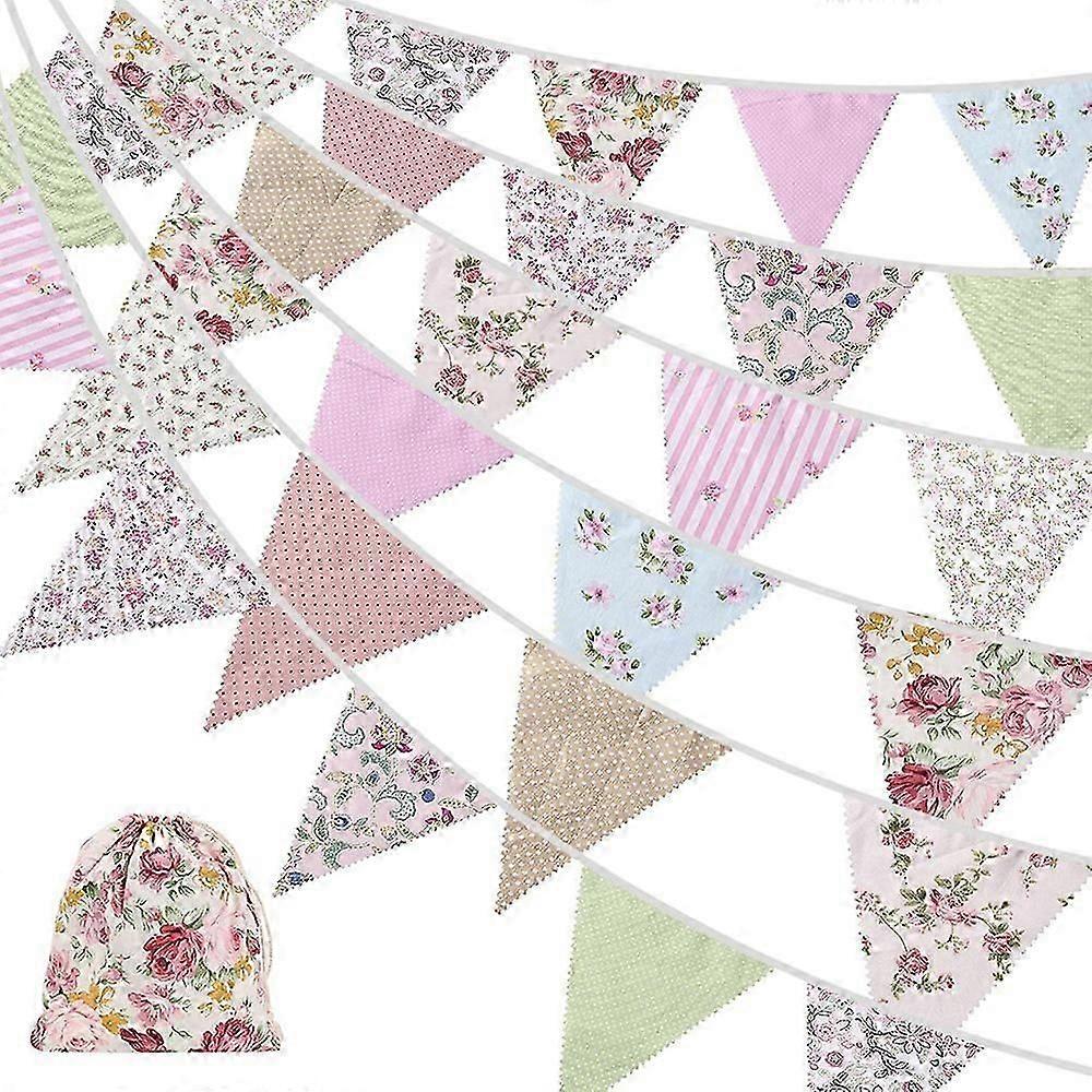 40Ft Fabric Bunting, 42Pcs Outdoor Bunting Banner,Floral Vintage Cotton Triple-cornered Flag for Ga