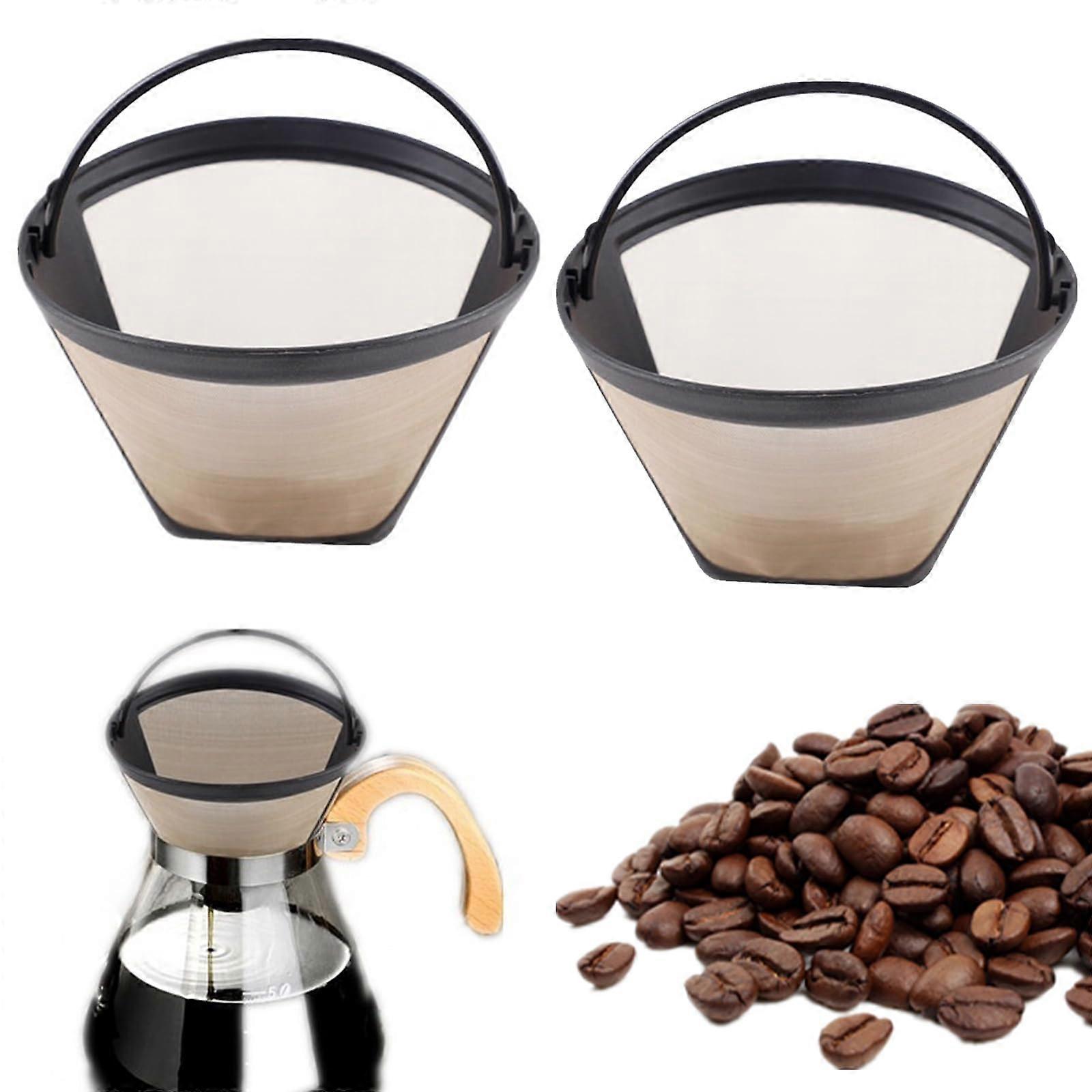 Pack of 2 Reusable Gold Tone Coffee Filters, Size 4 Permanent Stainless Steel 100 Mesh Cone-Shaped with Handle