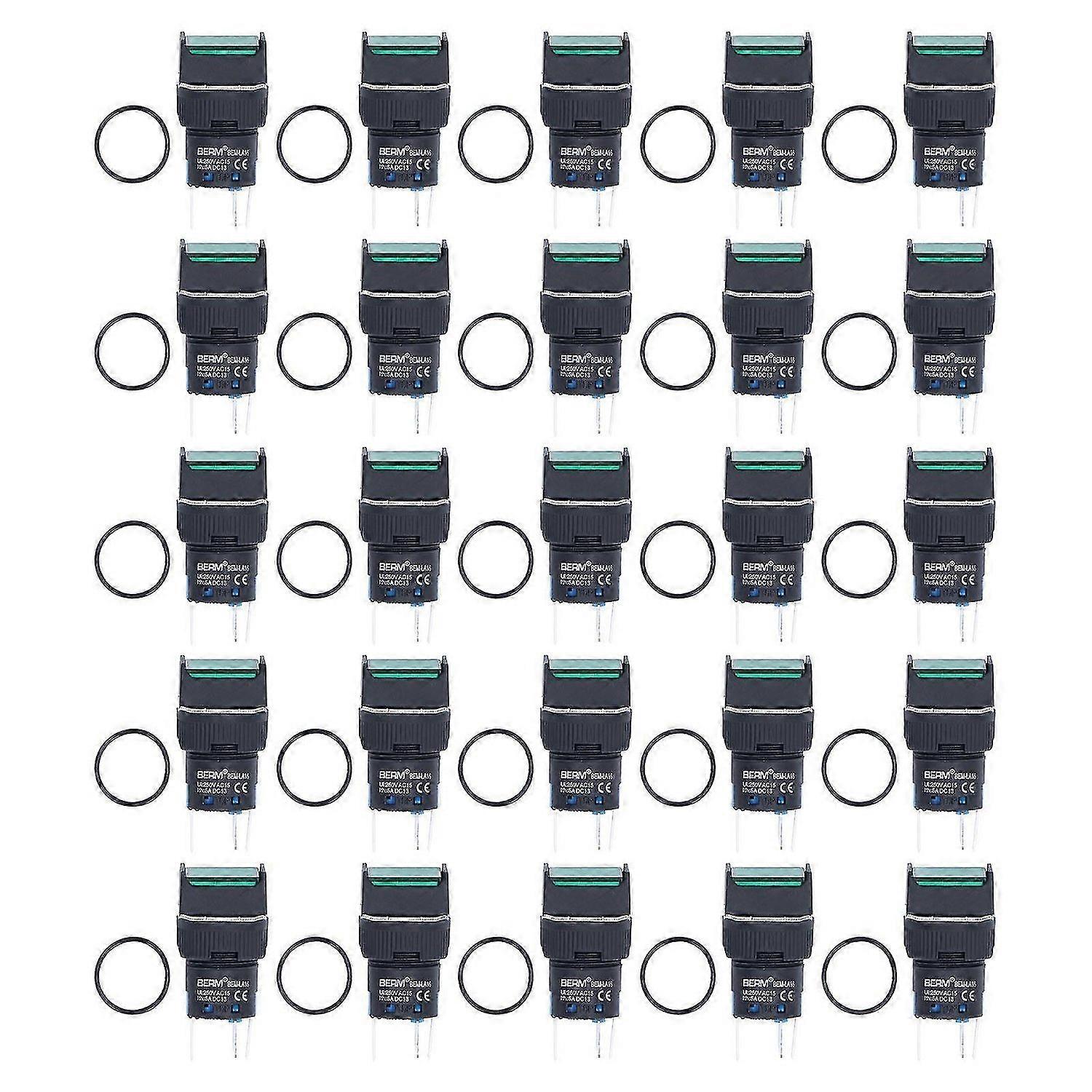 25Pcs Push Button Switch Momentary Self Locking 16mm Square with Light Set Kit 12VGreen