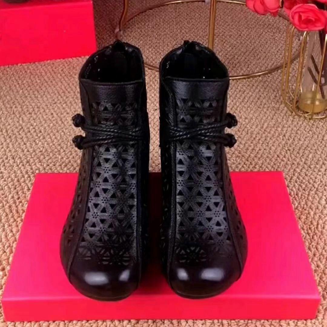 Summer Hollow Booties Chunky Heel Sandal Boots Soft Bottom Retro Casual Dancing Lightweight Mid Heel Mesh Boots