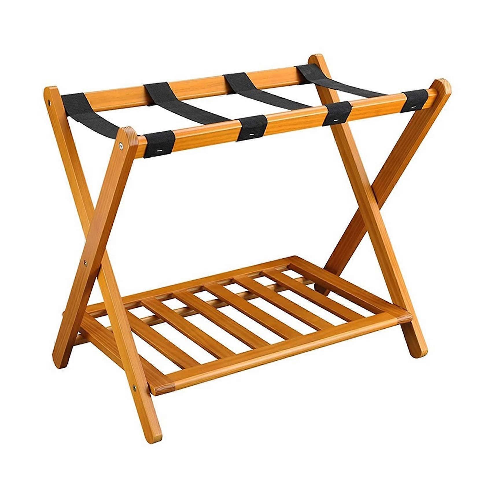 Folding Luggage Rack for Guest Room, Wood Color Finish, Extra Wide with Shoe Rack