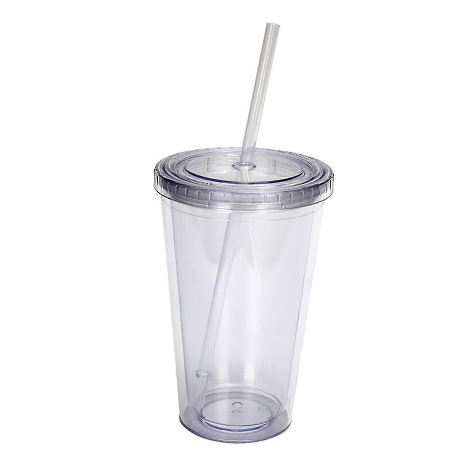 16oz Double Walled Plastic Cups with Lids and Straws, Reusable, Clear, 1 Set (1)