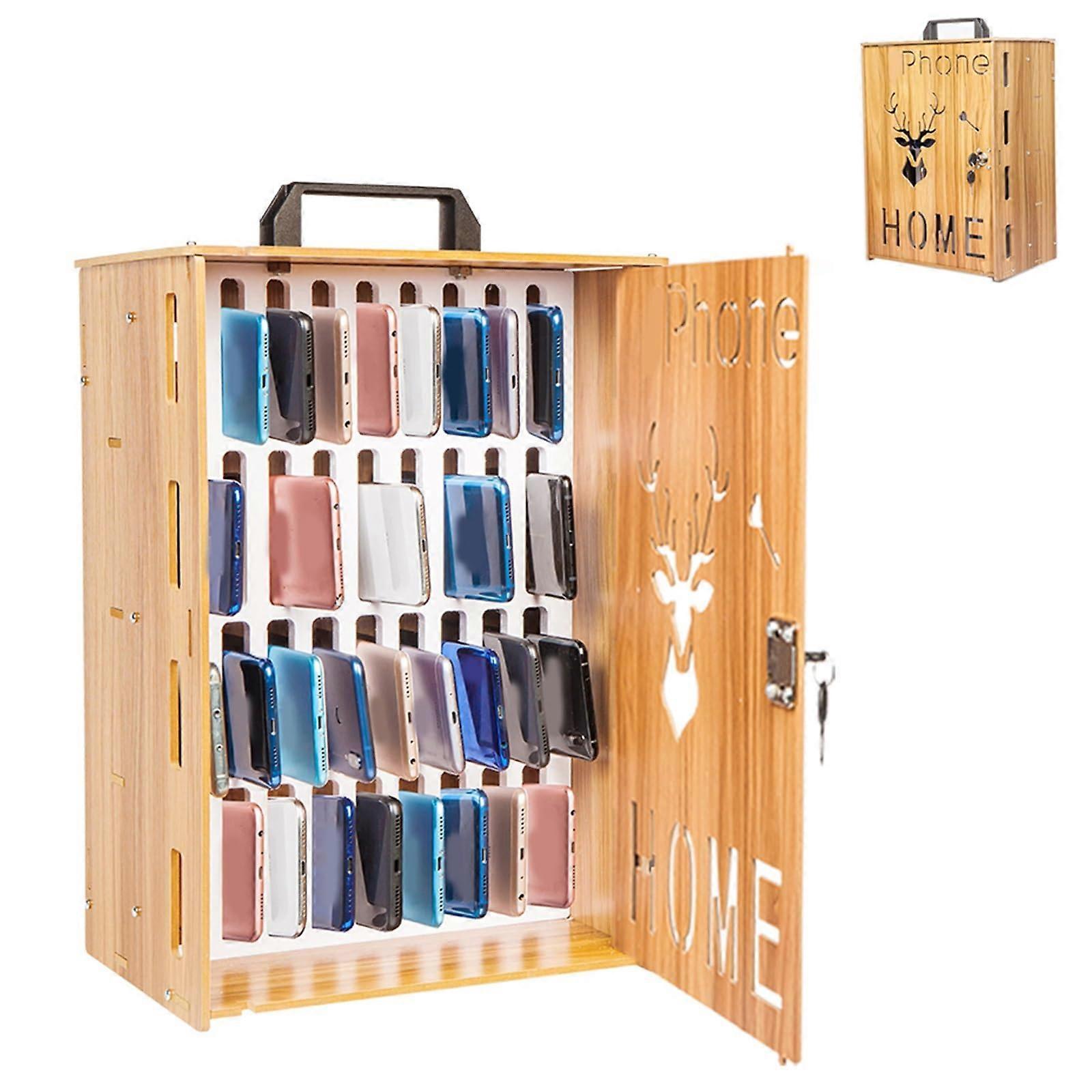 Phone Locker Cabinet 16/36 Slots, Wooden Mobile Phone Storage, One-Color, Handle and Two-Key Security Lock, Classroom