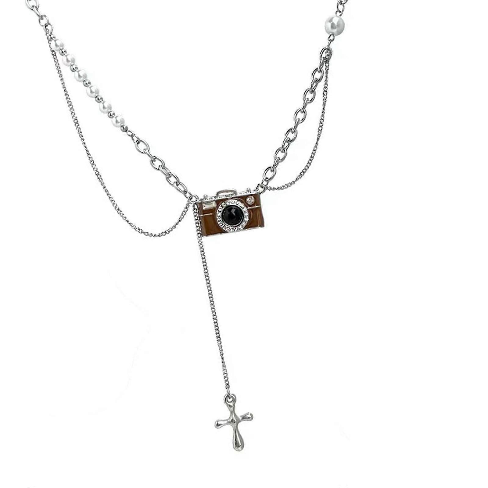 Retroinspired brown camera necklace, adjustable length, unique photography lover, fashion accessory, party attire.
