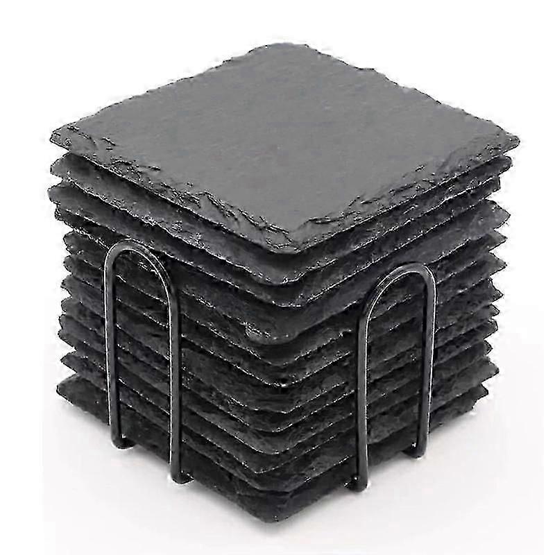 12PCS Slate Coasters Bulk 4 Inch Square Black Slate Stone Coaster Handmade Drink Bar Slate Coasters with Shelves